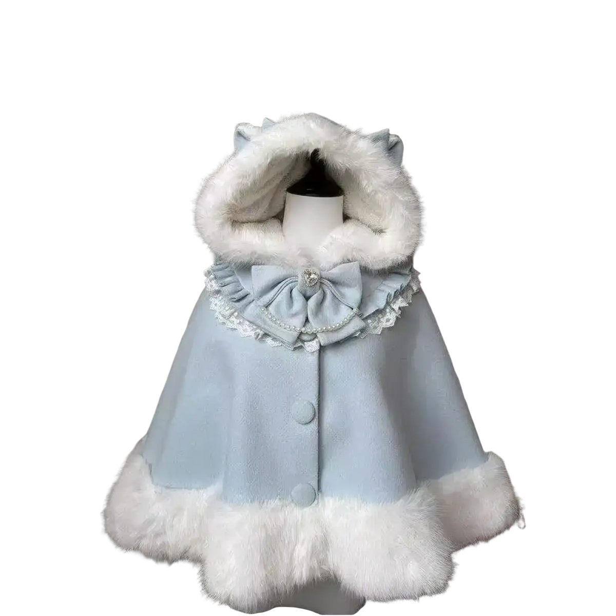 Light blue woolen cape with white faux fur trim, cat-ear hood, and decorative bow perfect for autumn winter wear