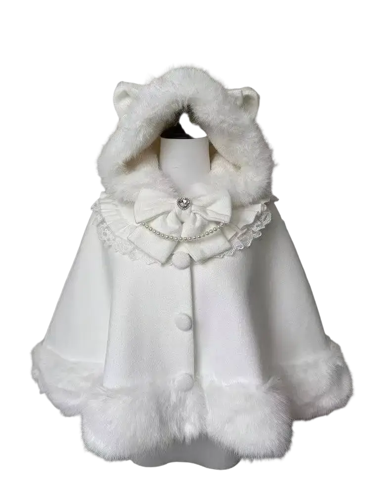White faux fur-lined cape with cat ear hood lace trim collar and cuffs warm kawaii lolita style outerwear for autumn winter