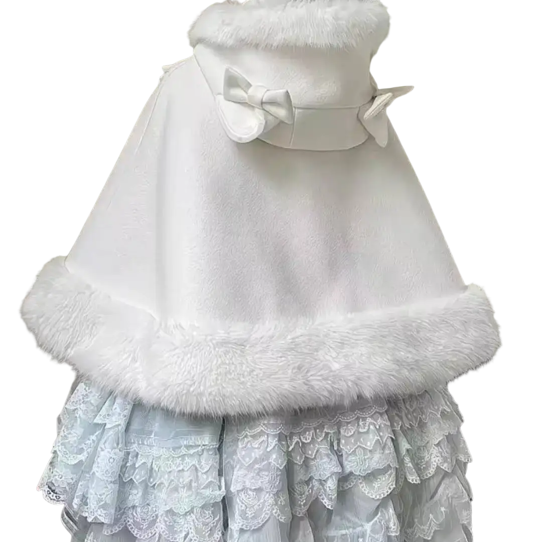 White faux fur-trimmed cape with plush texture and satin bow accents in kawaii lolita style for autumn winter wear
