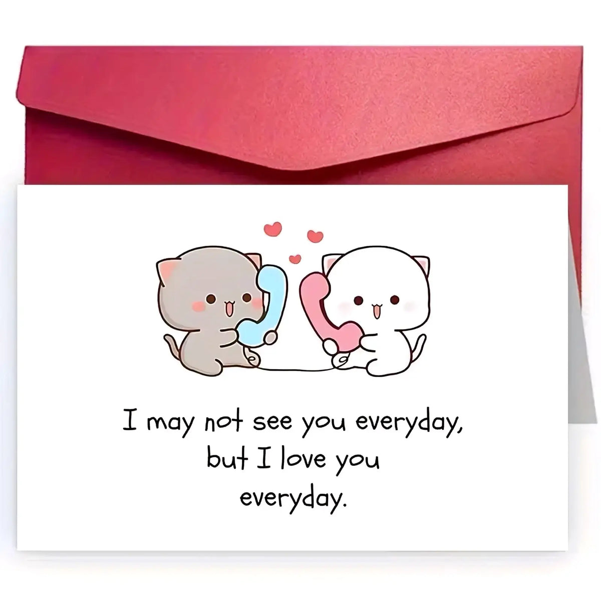White long distance cat couple greeting card with two cartoon cats holding colorful rotary phones and a love message