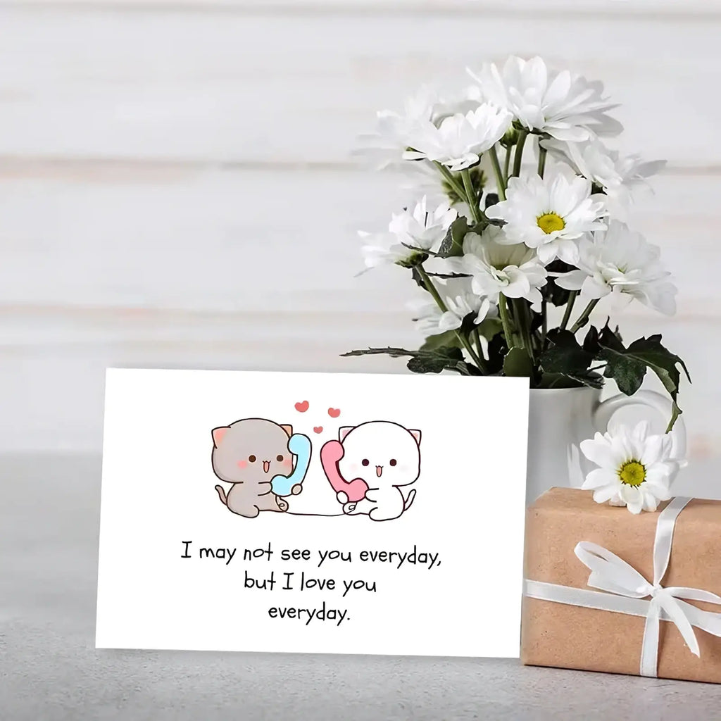 White rectangular long distance cat couple greeting card with cute cartoon cats holding colorful phones and loving text