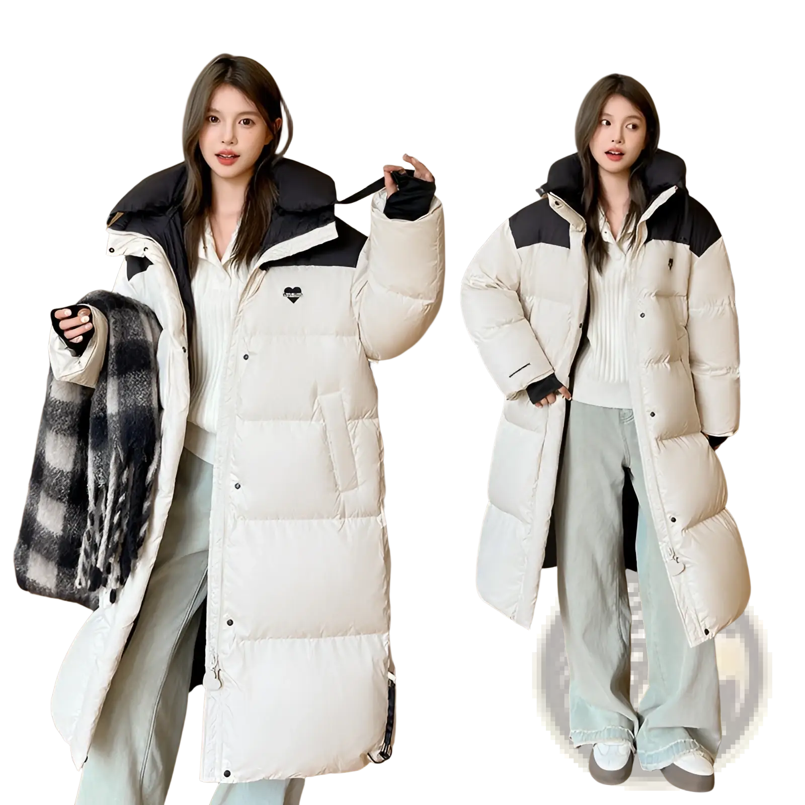 Cream-colored long down puffer coat with black accents featuring a heart-shaped logo on the chest