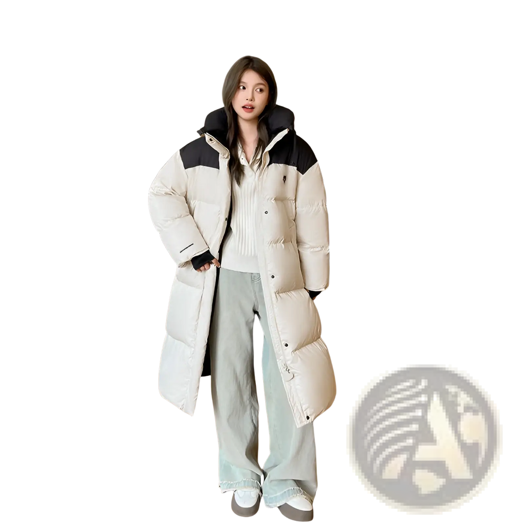 Cream-colored long down puffer coat with black shoulder panels and quilted design for winter wear