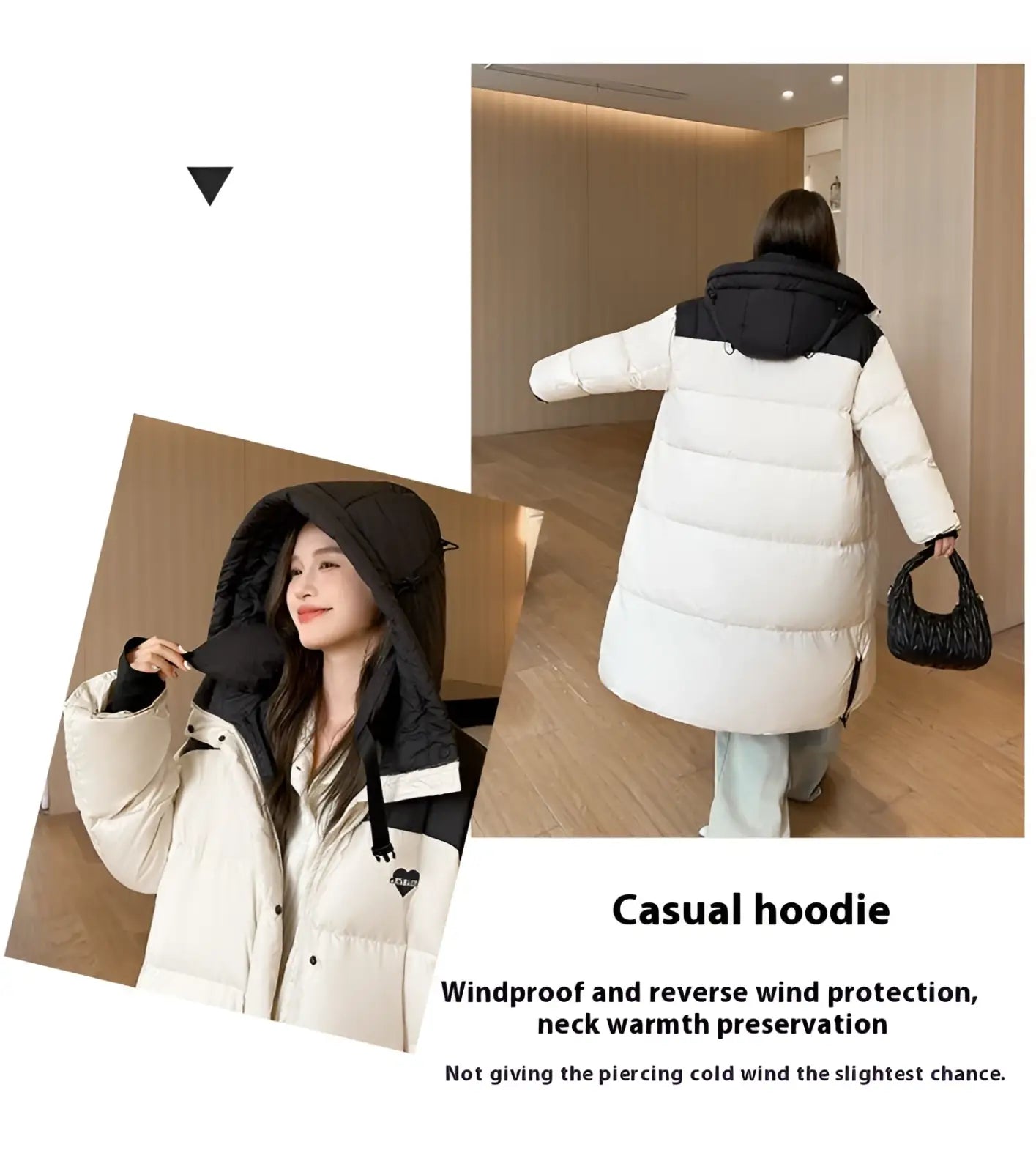 Long down puffer coat with quilted insulation, black hood, white body, and heart-shaped logo on the chest