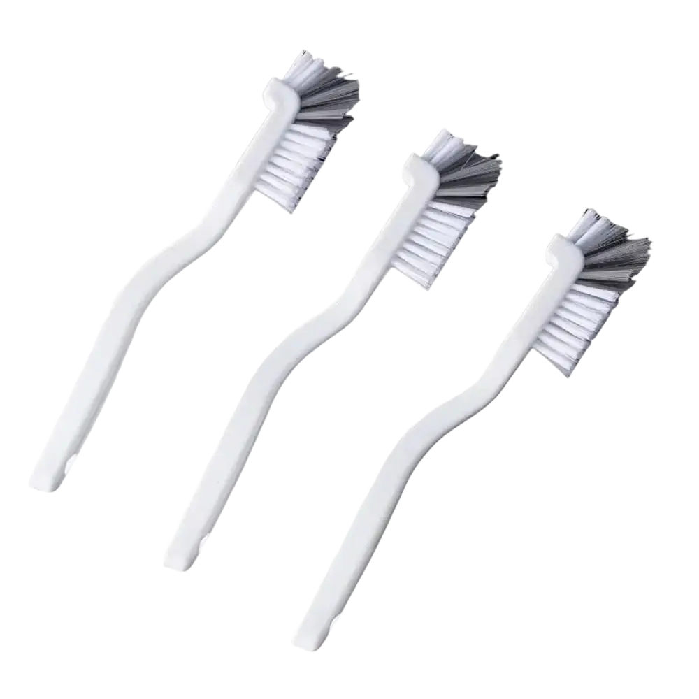 Three white plastic long handle bottle and dish scrub brushes with white and gray dual-tone bristles and curved handles
