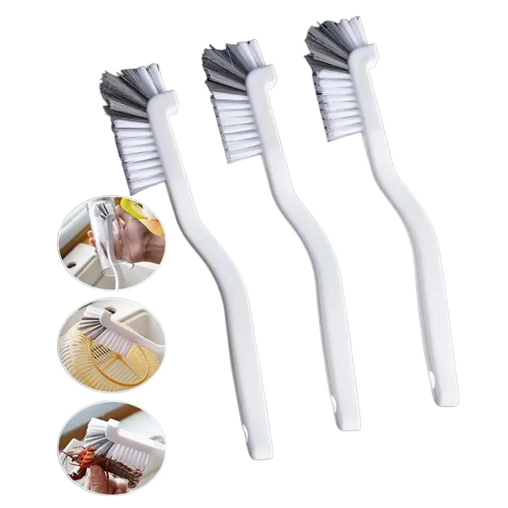 Three white plastic long handle bottle and dish scrub brushes with white and gray dual-colored bristles and curved handles