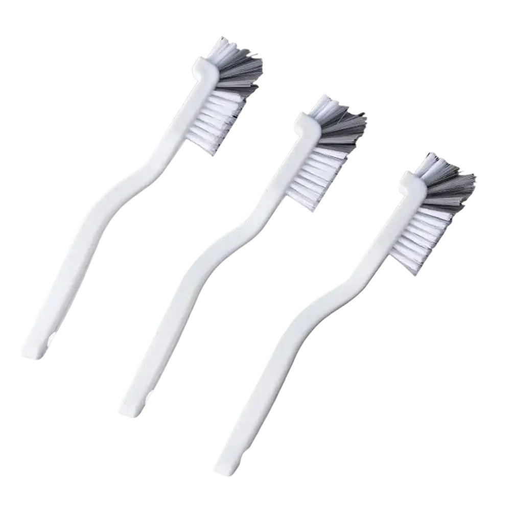 Three white plastic-handled long handle bottle and dish scrub brushes with alternating white and gray bristles