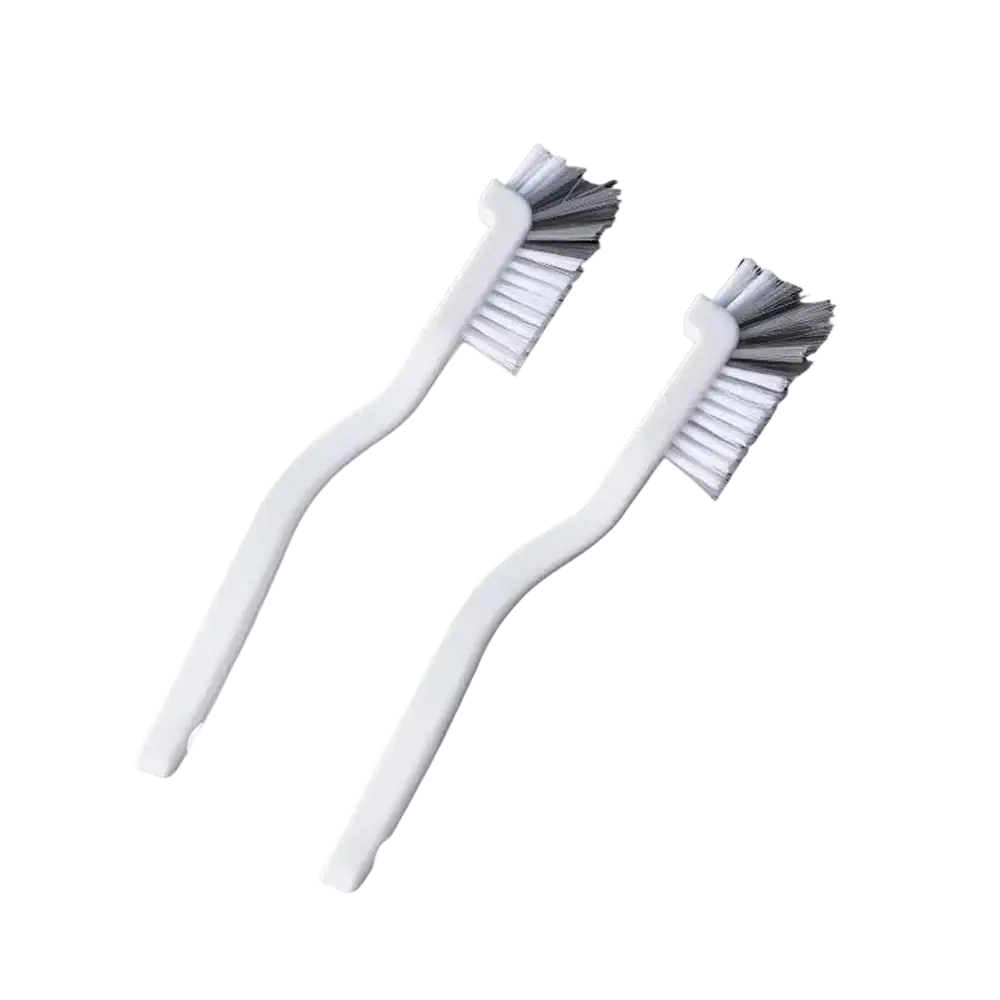 Two white plastic long handle bottle and dish scrub brushes with mixed white and gray bristles
