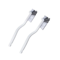 Two white plastic long handle bottle and dish scrub brushes with mixed white and gray bristles