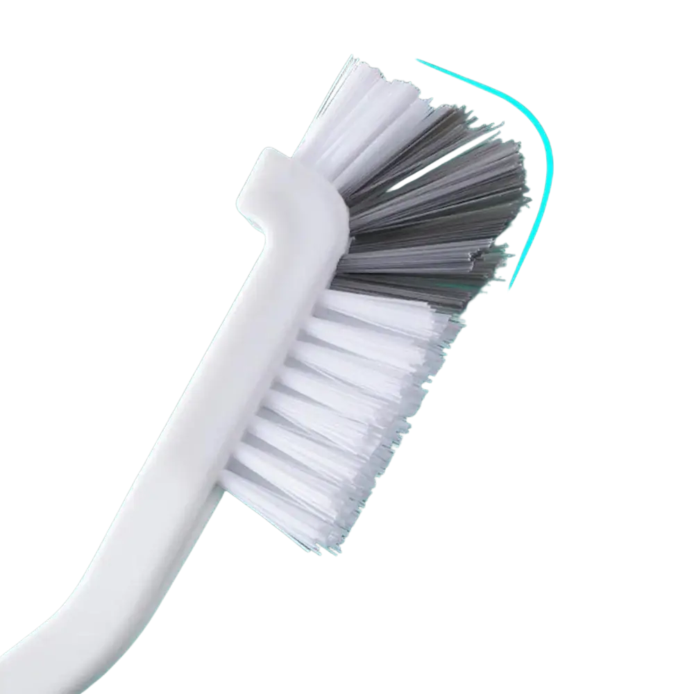Long handle bottle and dish scrub brush with white and gray dual-bristle and sleek plastic handle for cleaning