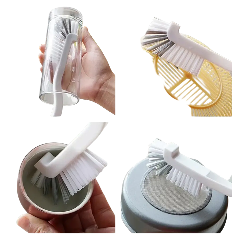 Long handle bottle and dish scrub brush in white plastic with soft bristles for cleaning kitchenware