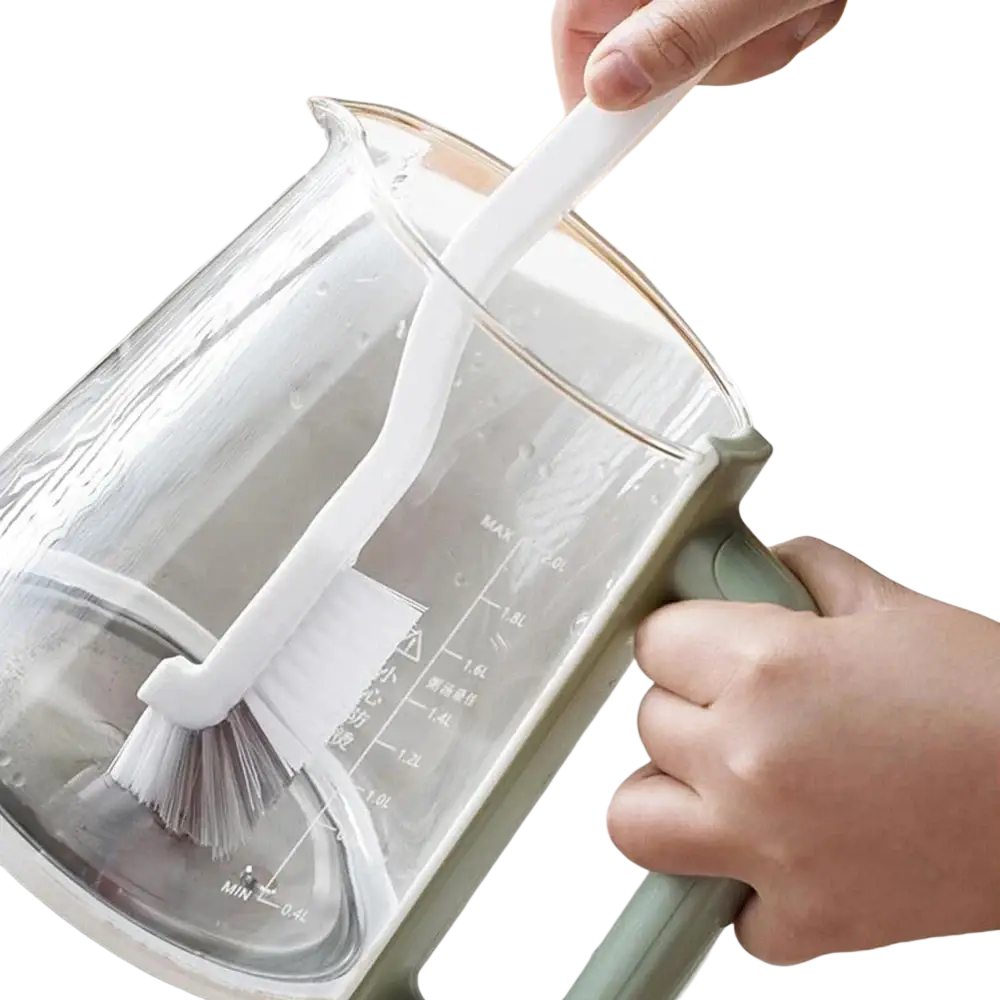 White plastic long handle bottle and dish scrub brush with soft bristles designed for scrubbing glassware