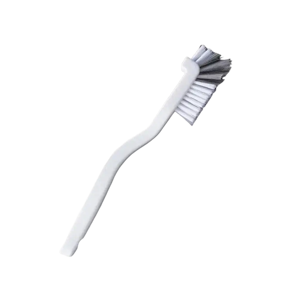 Long handle bottle and dish scrub brush with white plastic body and dense stiff bristles for effective scrubbing