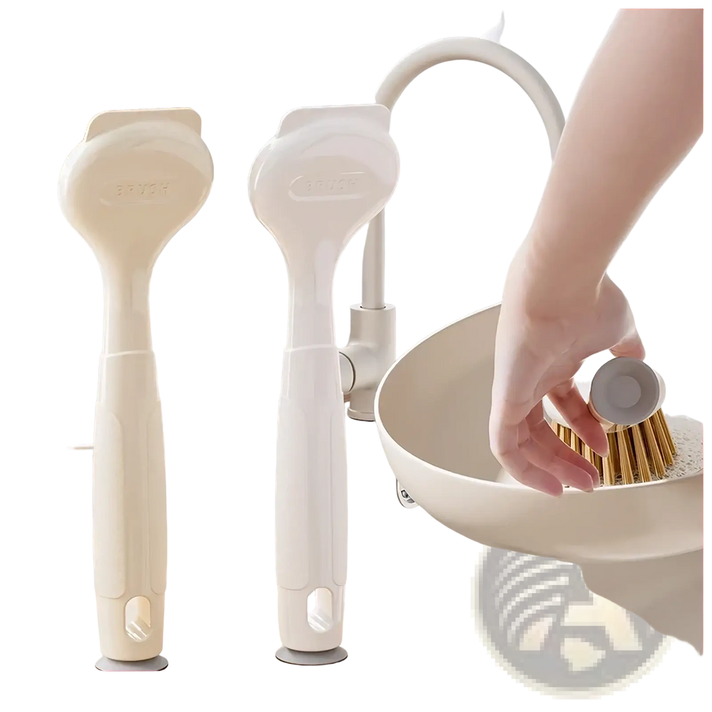Cream-colored long handle dish brush with natural bristles and ergonomic design for stove grease scrubbing