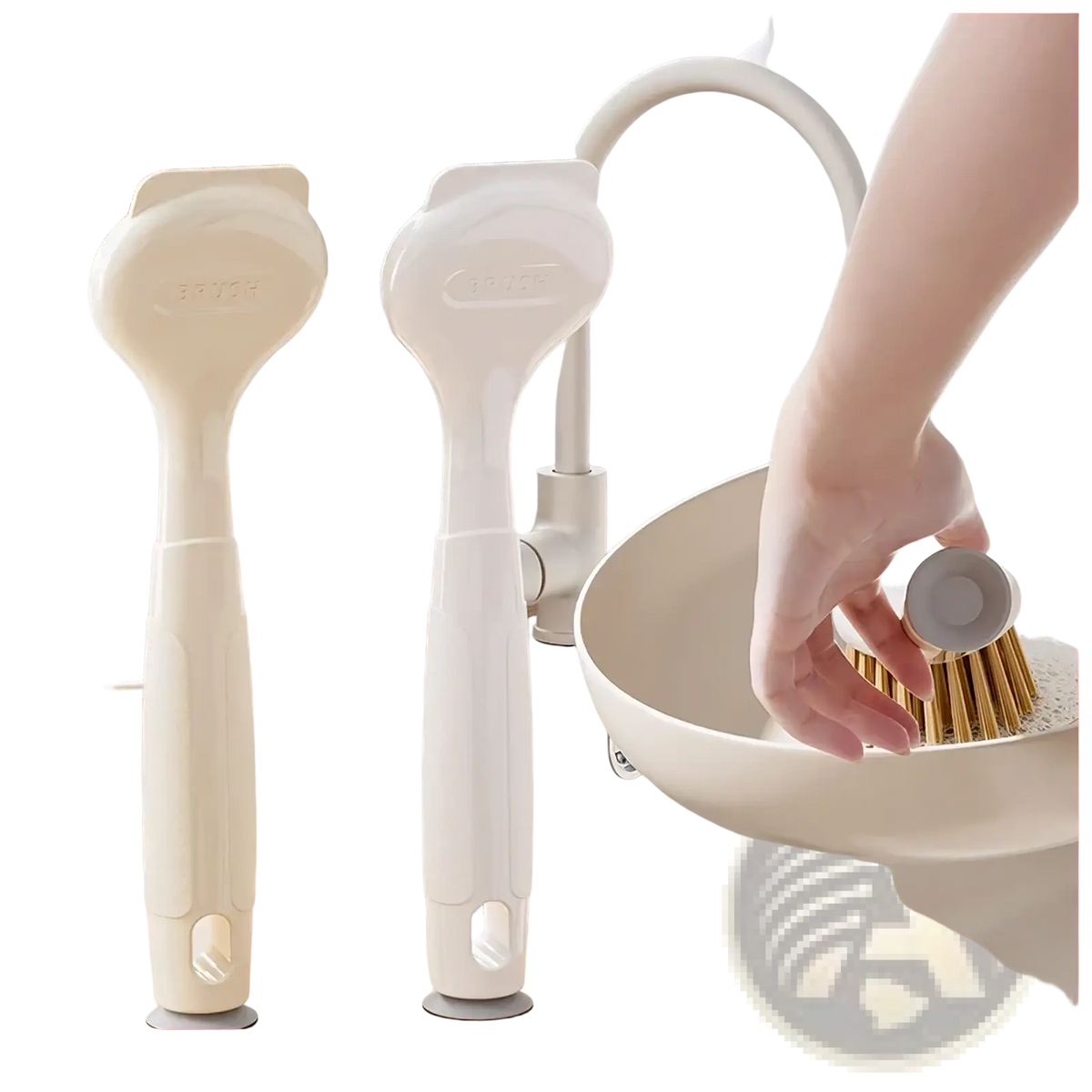 Cream-colored long handle dish brush with natural bristles and ergonomic design for stove grease scrubbing
