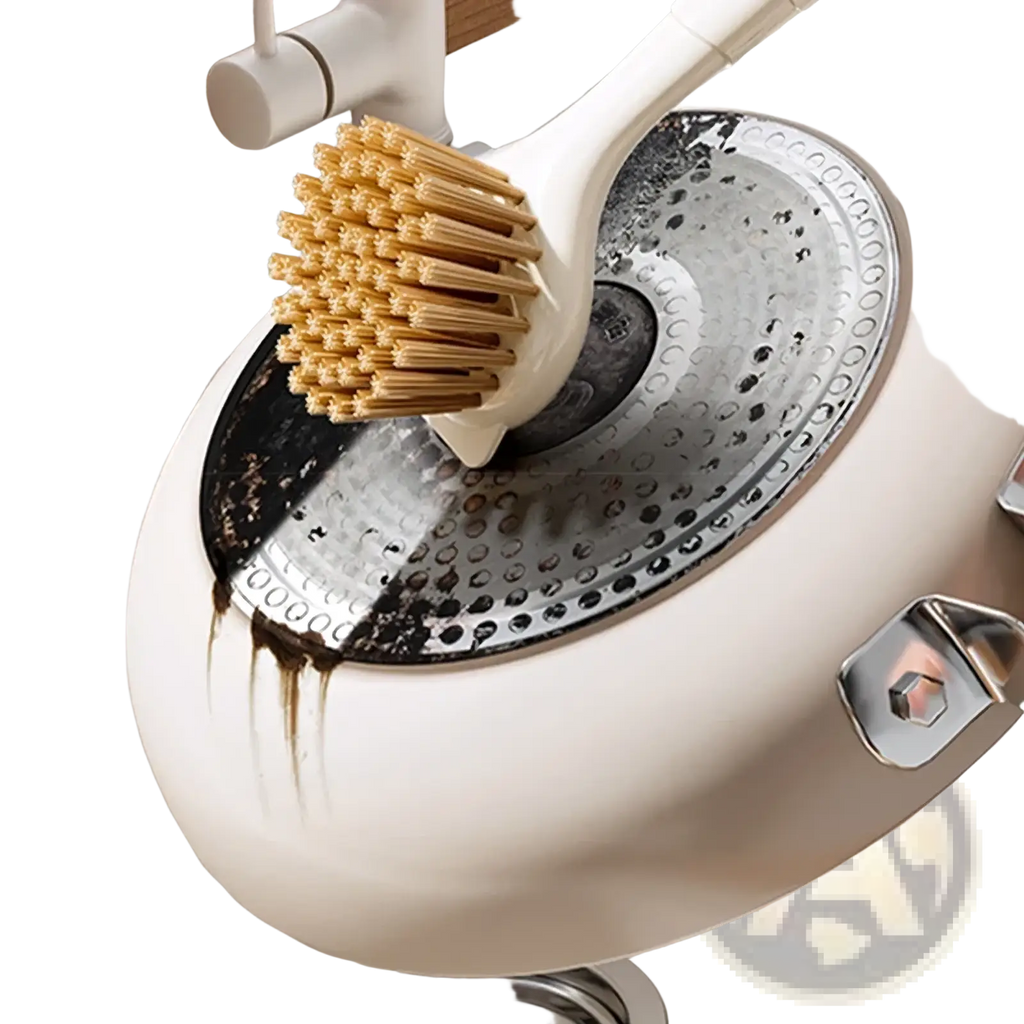 A white ceramic pot with a textured perforated metal lid being scrubbed by a long handle dish brush with wooden bristles