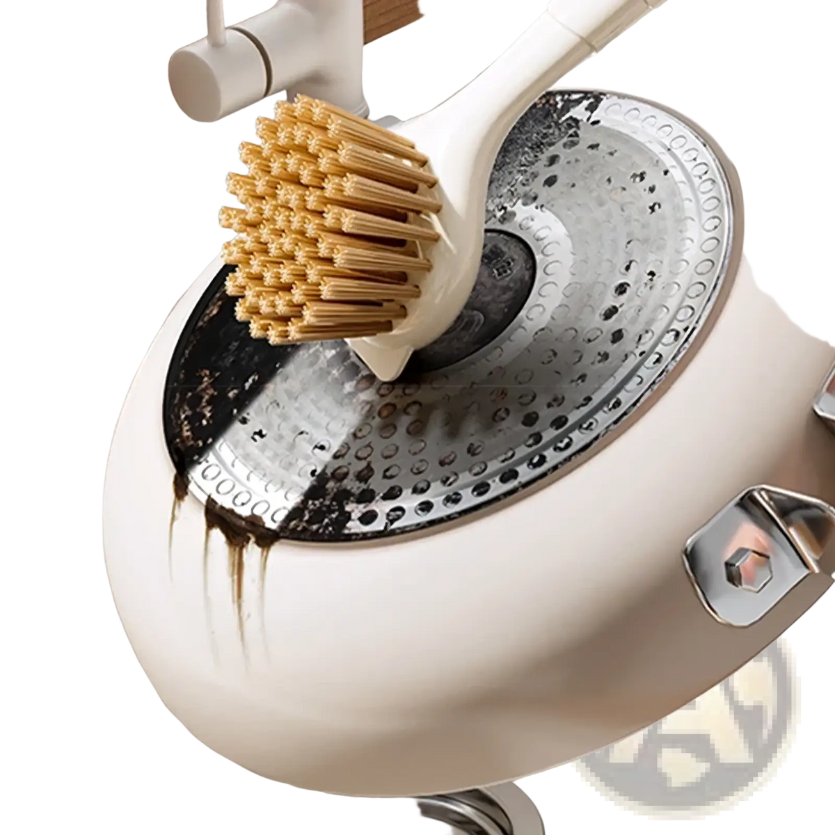 A white ceramic pot with a textured perforated metal lid being scrubbed by a long handle dish brush with wooden bristles
