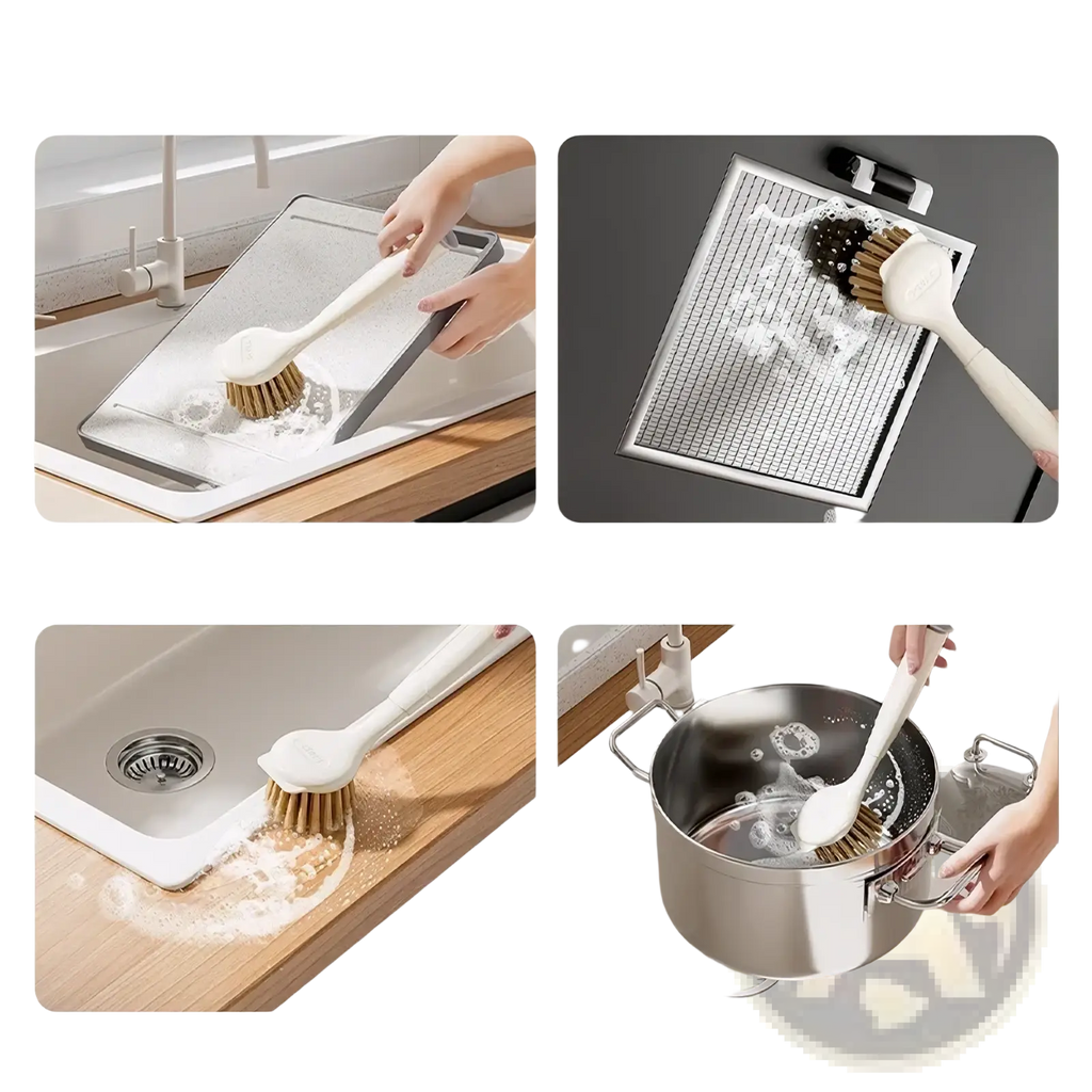 White-handled long handle dish brush with natural bristles for stove grease scrubbing and kitchen cleaning tasks