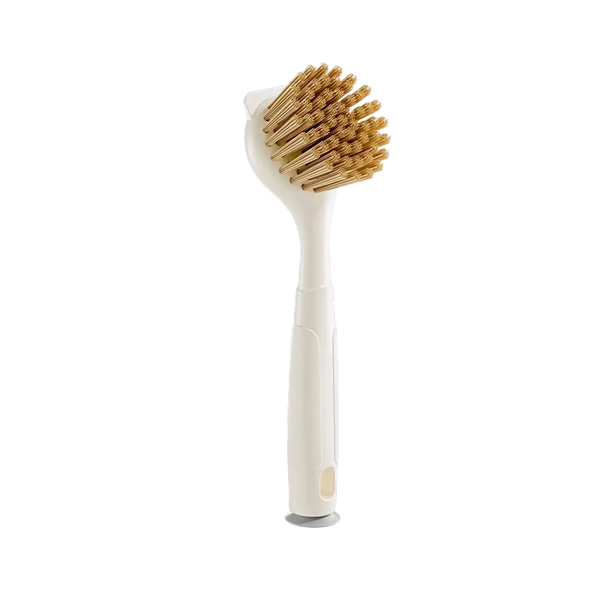 Long handle dish brush with white plastic body, golden bristles, and ergonomic handle for stove grease scrubbing