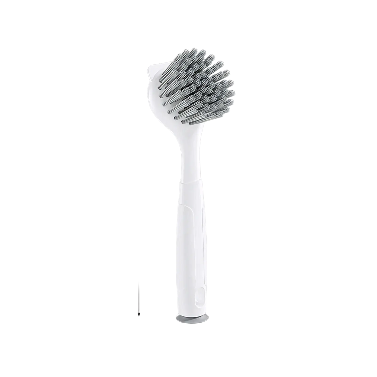 Long handle dish brush with white plastic body silver bristles and rounded head for stove grease scrubbing
