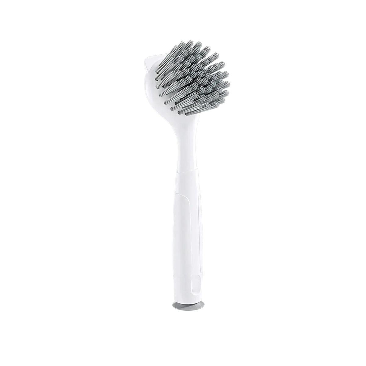 Long handle dish brush with white plastic body dense silver metal bristles and rounded head for stove grease scrubbing