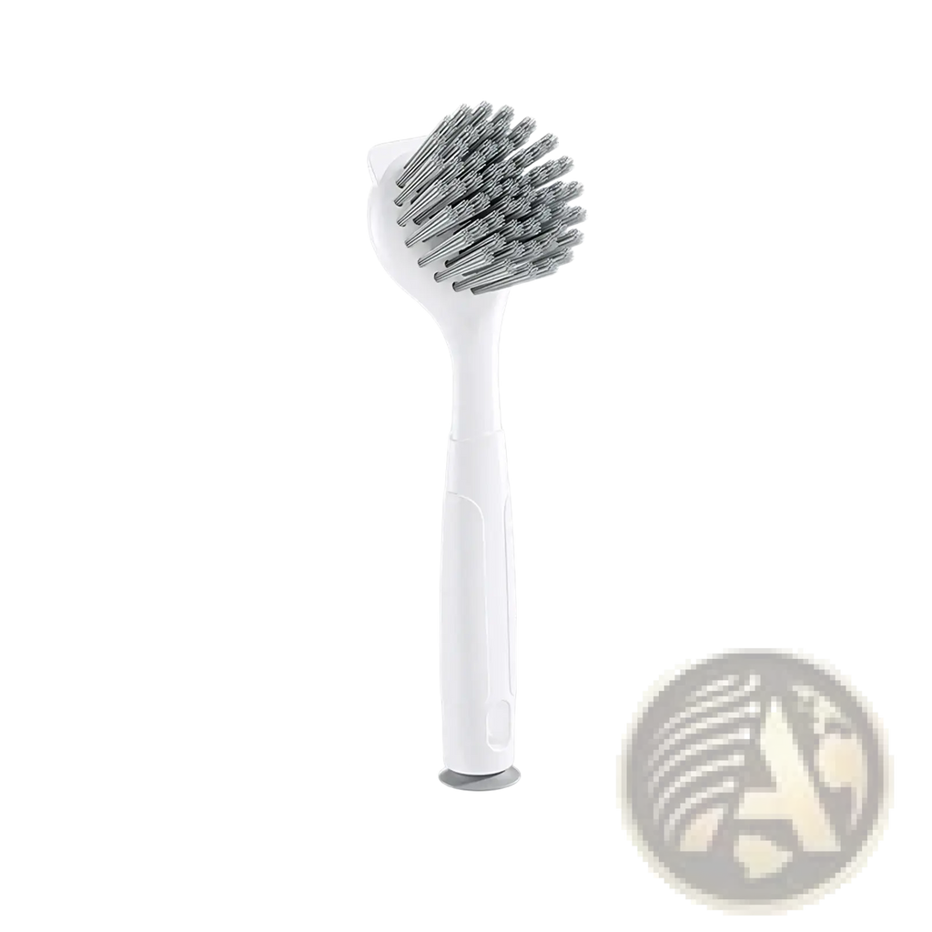 Long handle dish brush with white plastic body dense silver metal bristles and rounded head for stove grease scrubbing