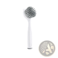 Long handle dish brush with white plastic body dense silver metal bristles and rounded head for stove grease scrubbing