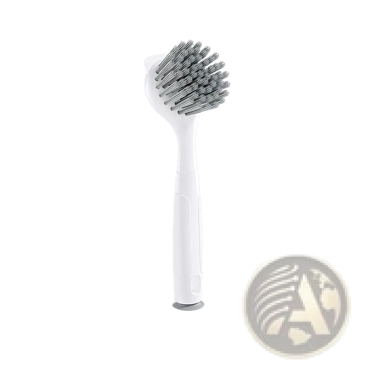 Long handle dish brush with white plastic body dense silver metal bristles and rounded head for stove grease scrubbing