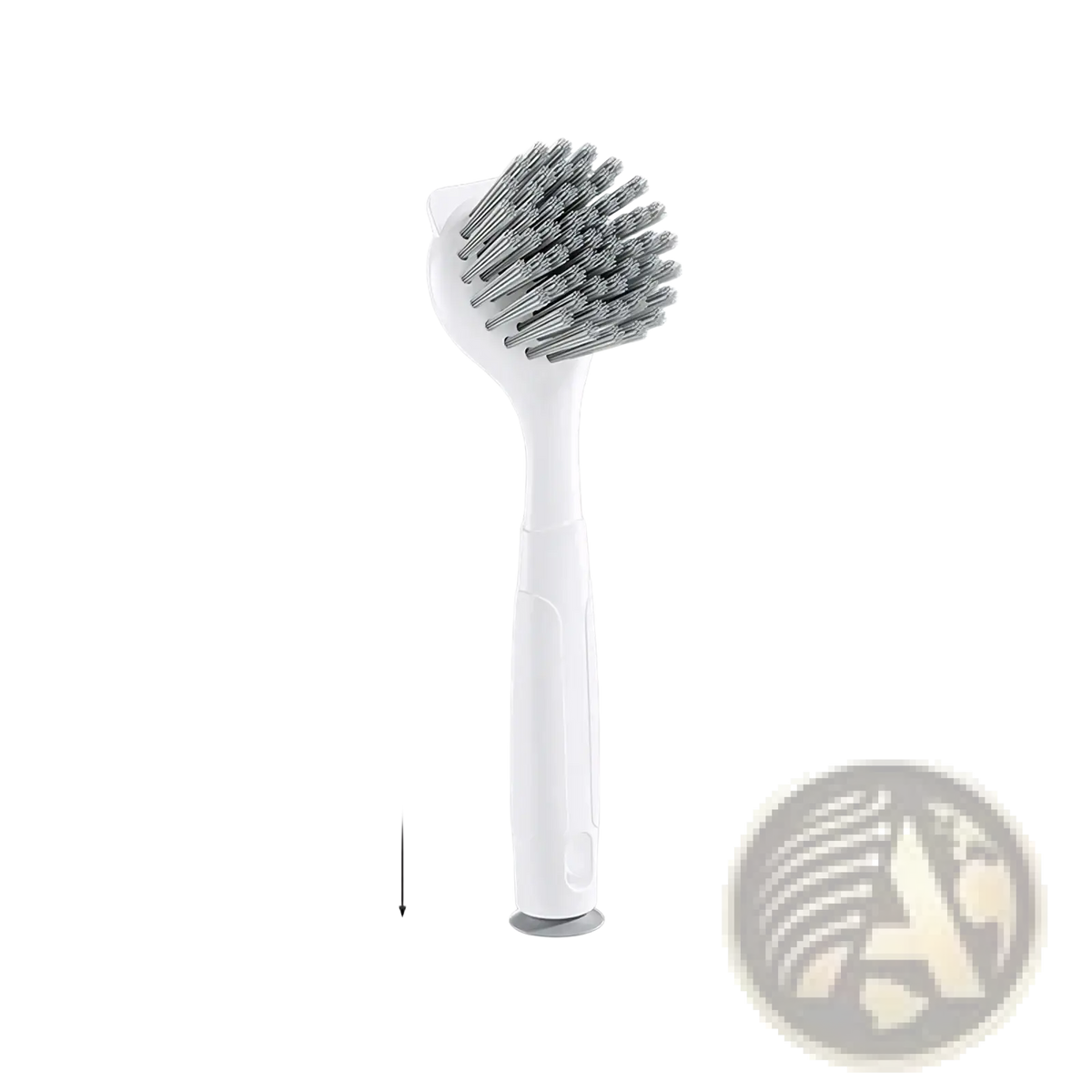 Long handle dish brush with white plastic body silver bristles and rounded head for stove grease scrubbing