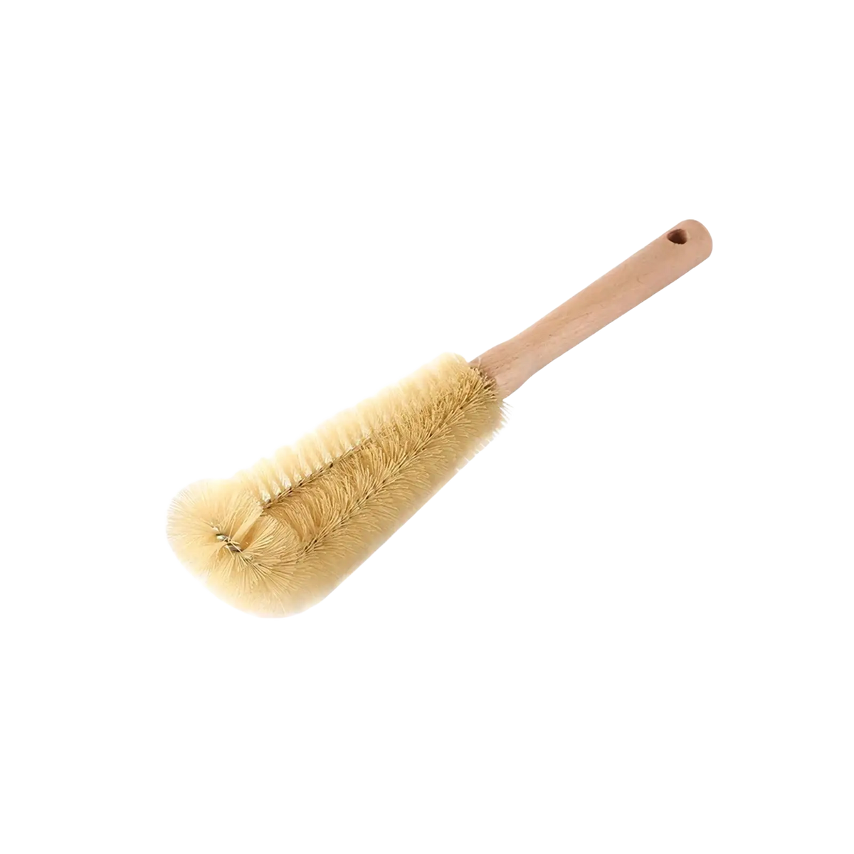 Long handle wooden bottle brush with natural wood handle and dense light beige bristles for deep cleaning bottles