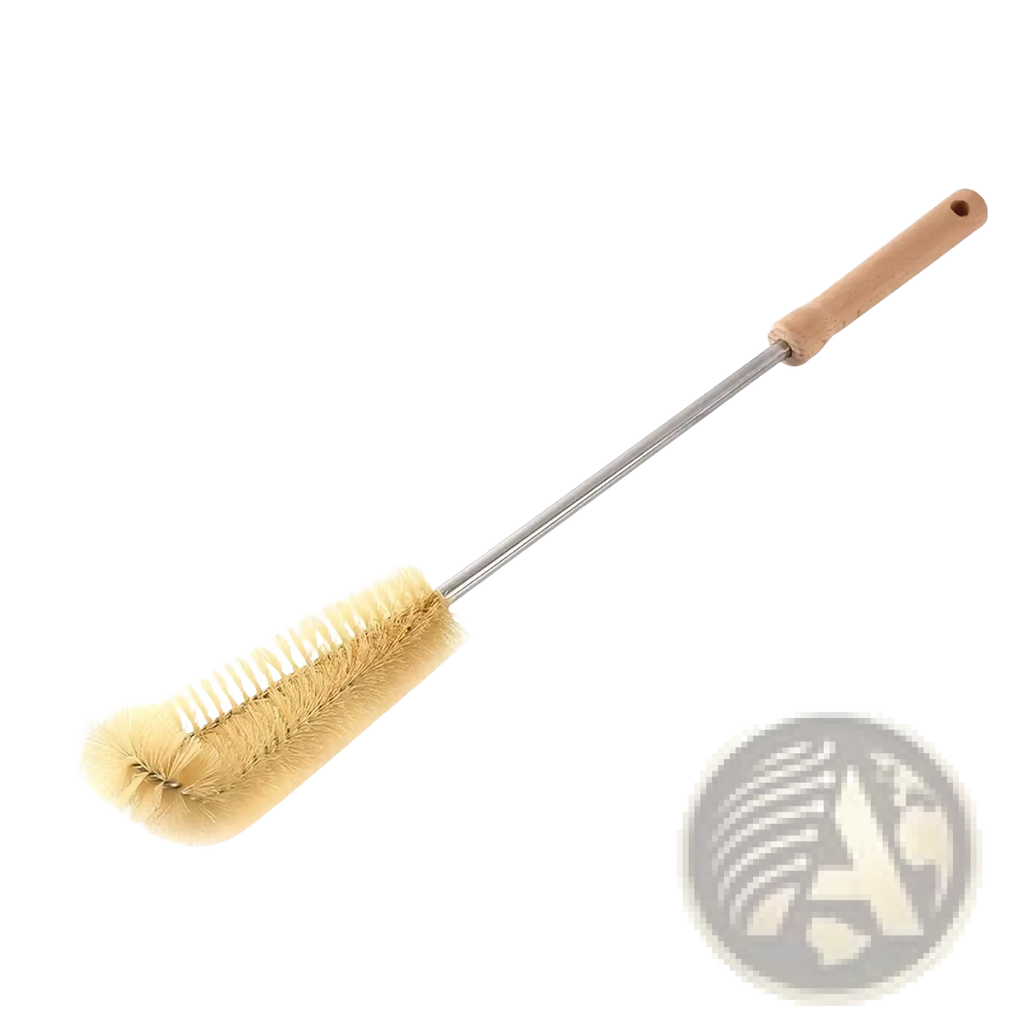 Long handle wooden bottle brush with light brown handle and dense pale yellow bristles for deep cleaning bottles