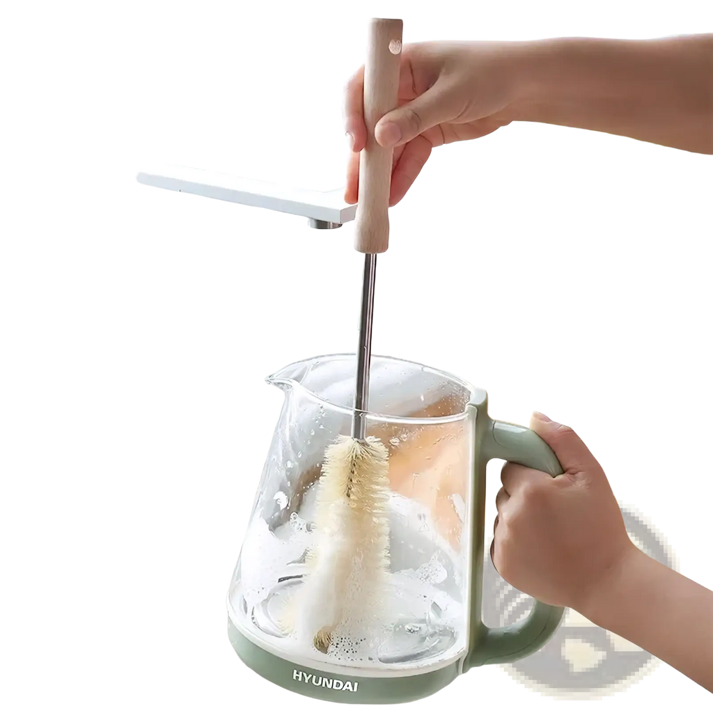 Light green hyundai glass kettle with a long handle wooden bottle brush inside for deep cleaning use