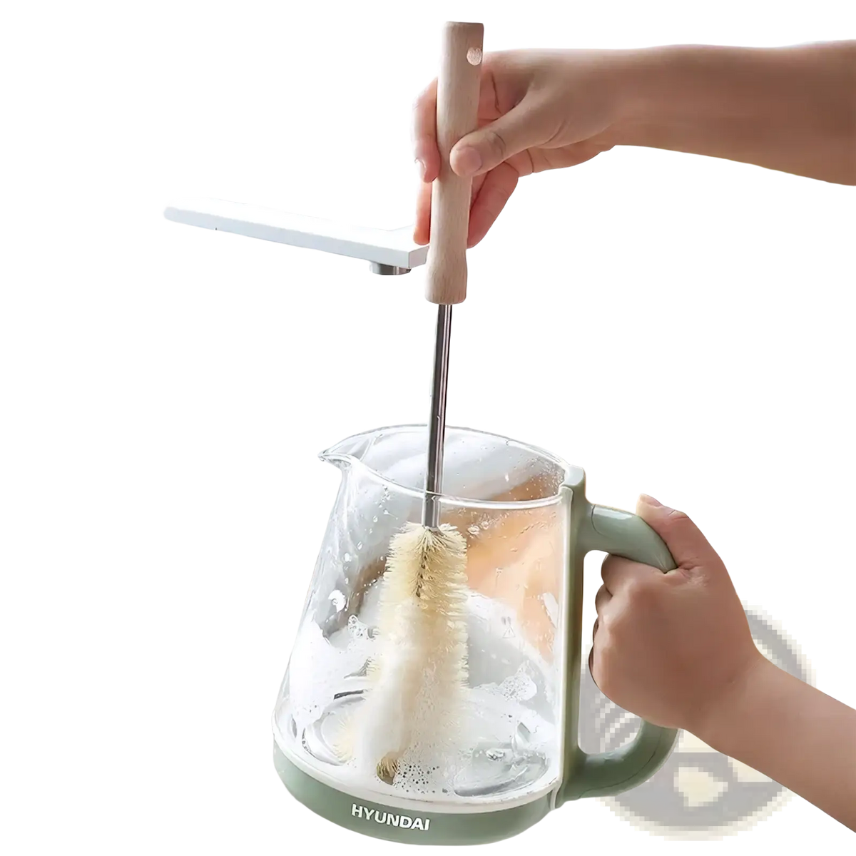 Light green hyundai glass kettle with a long handle wooden bottle brush inside for deep cleaning use