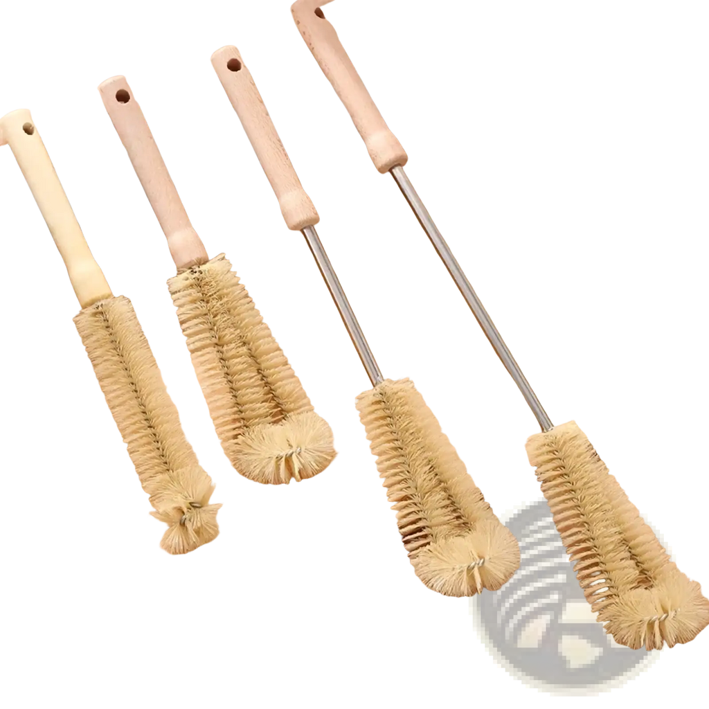 Set of four natural bristle long handle wooden bottle brushes with metal shafts for deep cleaning arranged on bamboo board