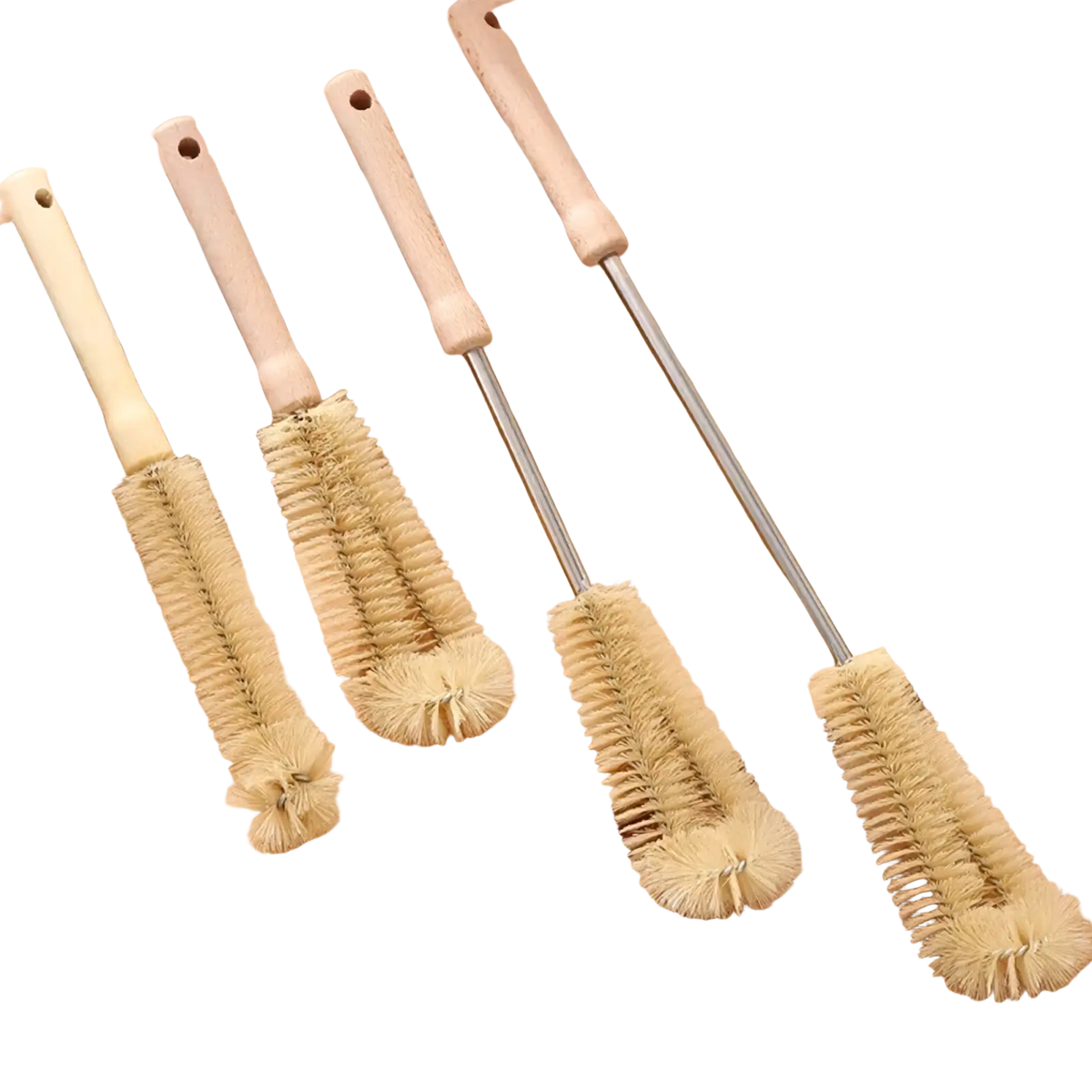 Set of four natural bristle long handle wooden bottle brushes with metal shafts arranged on a bamboo cutting board
