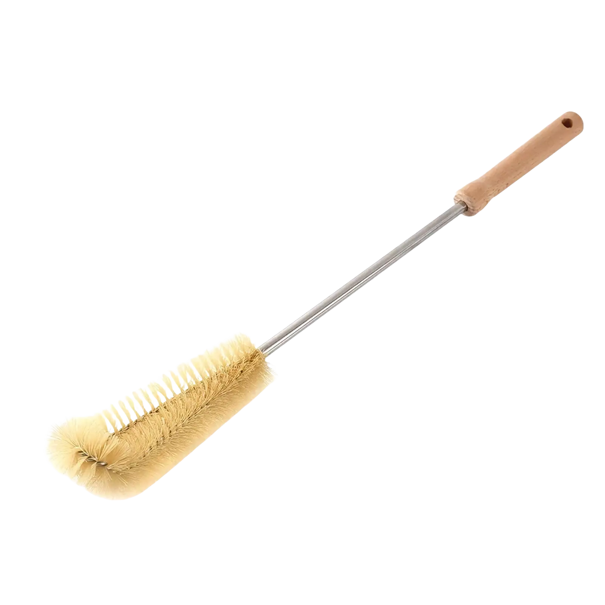Long handle wooden bottle brush with light brown handle metallic shaft and dense beige bristles for deep cleaning