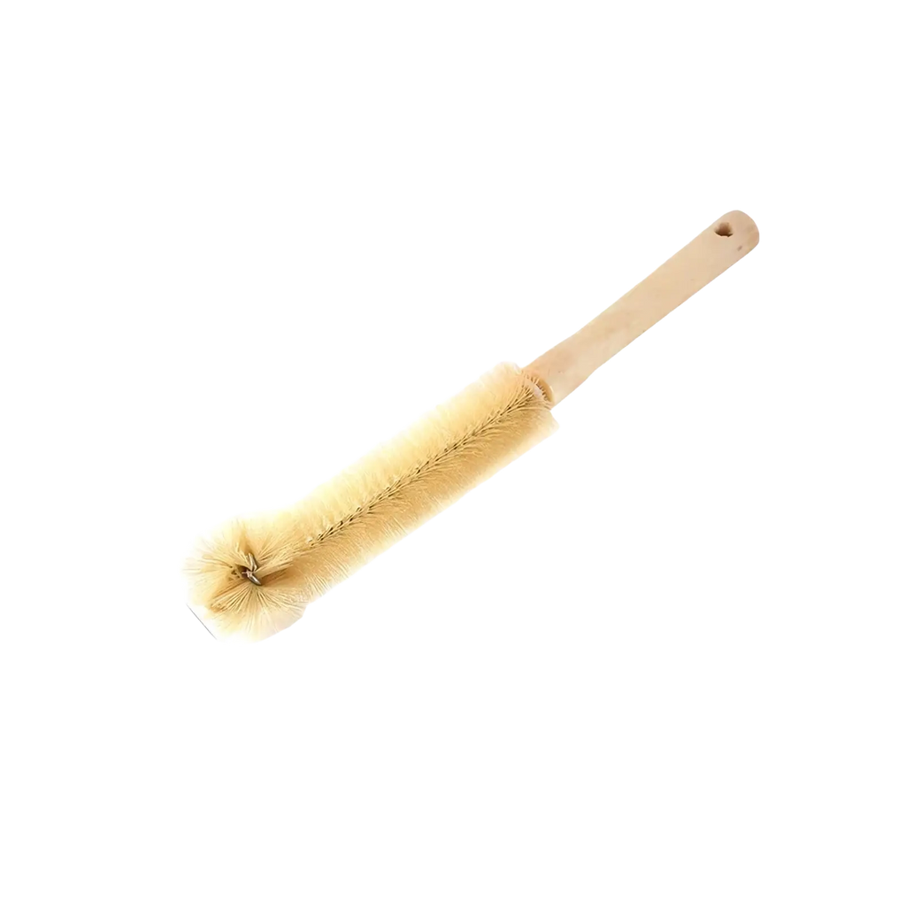Long handle wooden bottle cleaning brush with a 30cm wooden handle and dense light beige bristles for effective cleaning