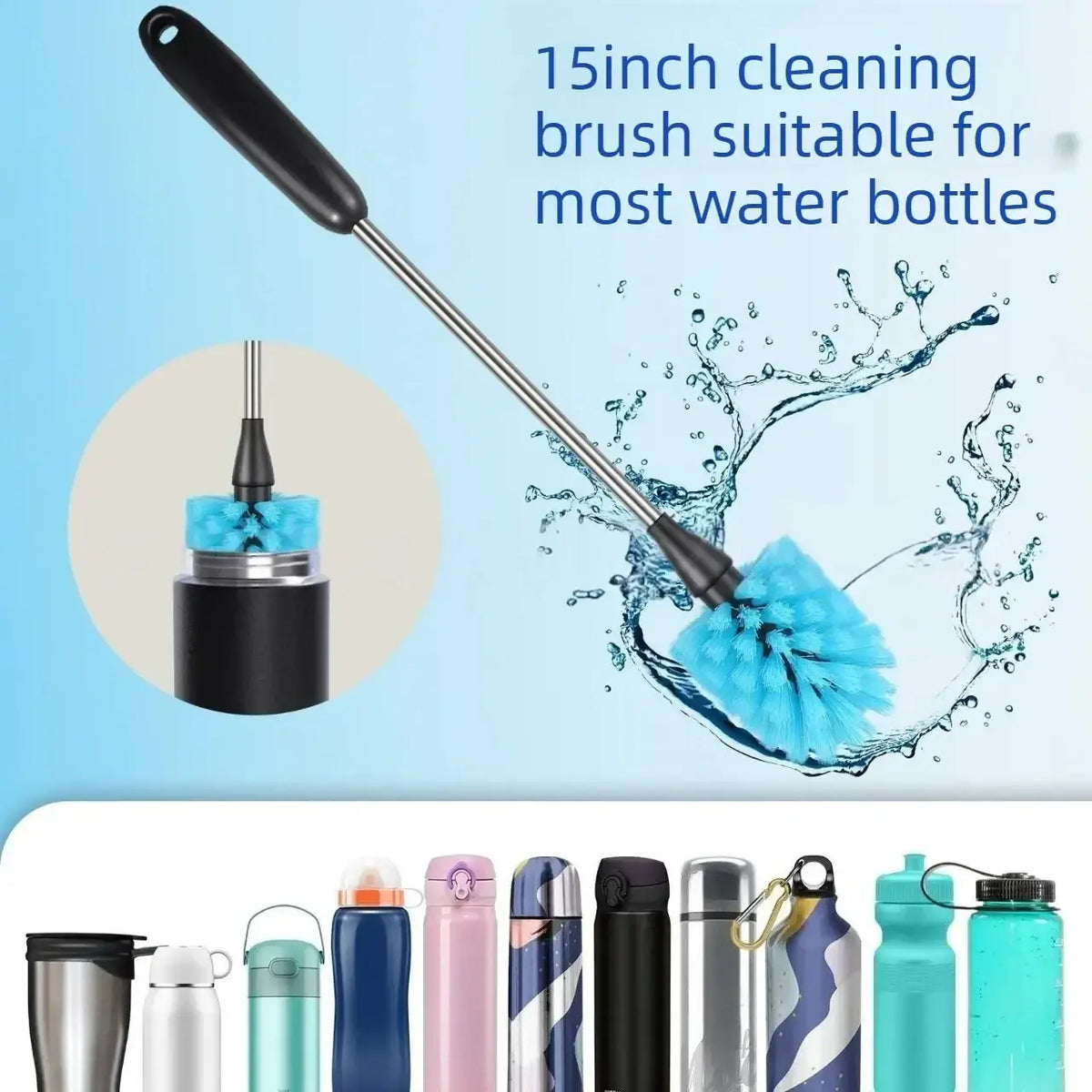 Long handled water bottle cleaning brush with black handle stainless steel shaft and bright blue bristles for scrubbing
