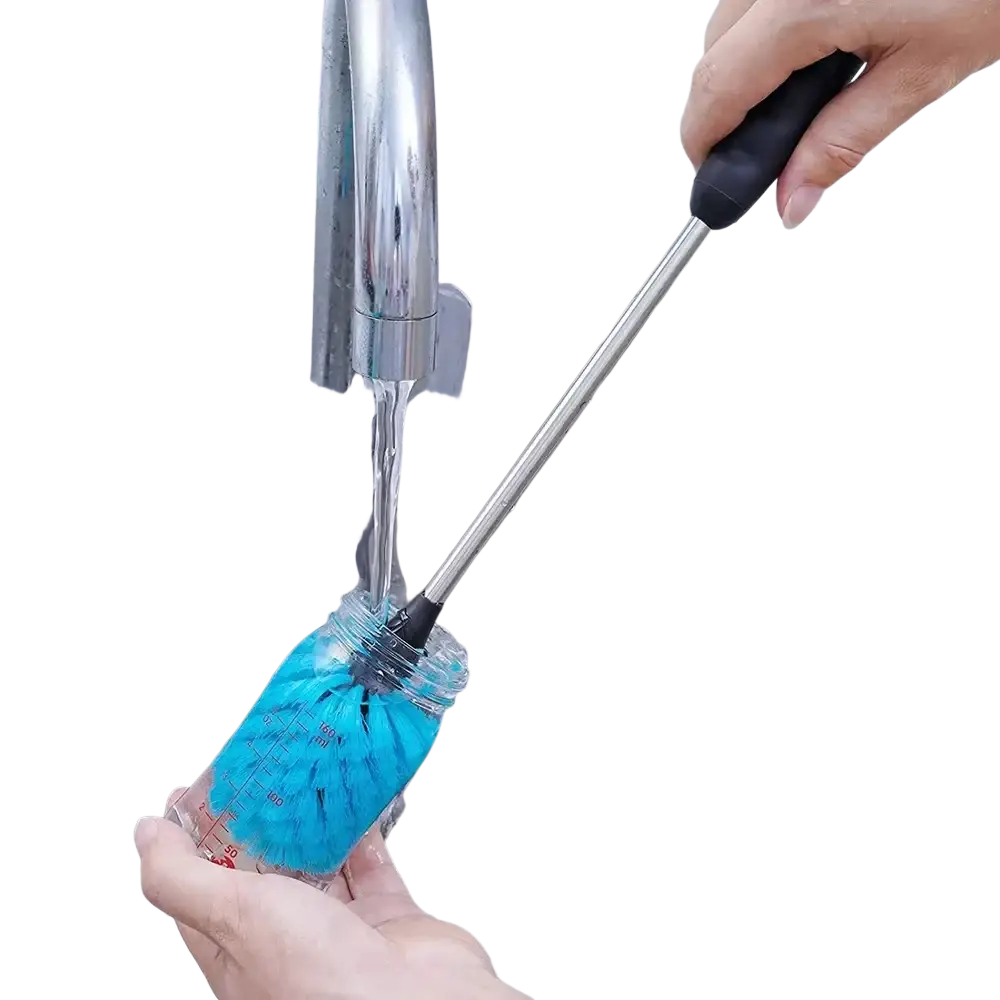 Long handled water bottle cleaning brush with blue bristle head clear plastic handle and black grip for easy use