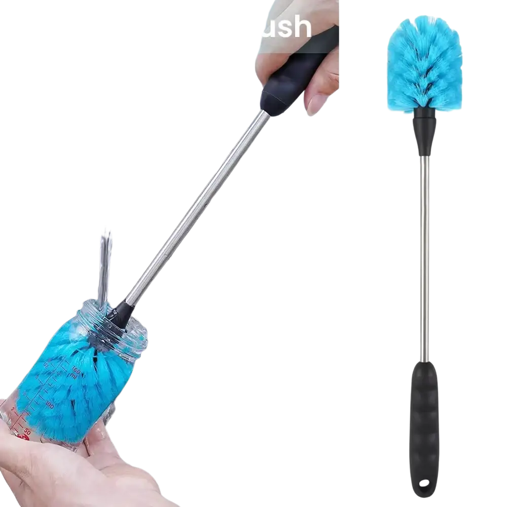 Long handled water bottle cleaning brush with blue bristle cup head, black handle, and stainless steel shaft