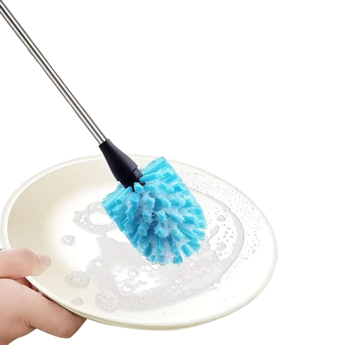 Long handled water bottle cleaning brush with blue microfiber head and stainless steel handle for thorough cleaning