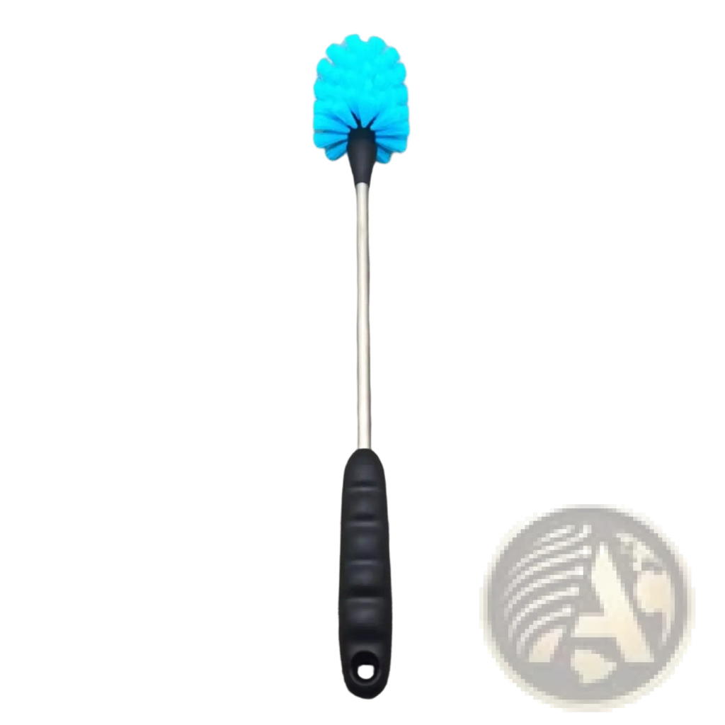 Long handled water bottle cleaning brush with bright blue soft bristles black ergonomic handle and metallic shaft