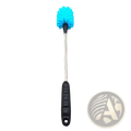 Long handled water bottle cleaning brush with bright blue soft bristles black ergonomic handle and metallic shaft