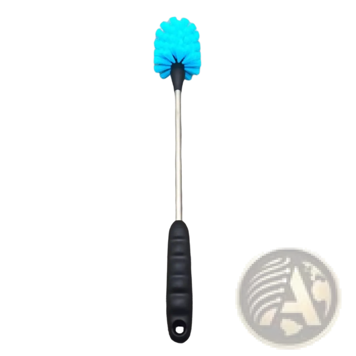Long handled water bottle cleaning brush with bright blue soft bristles black ergonomic handle and metallic shaft