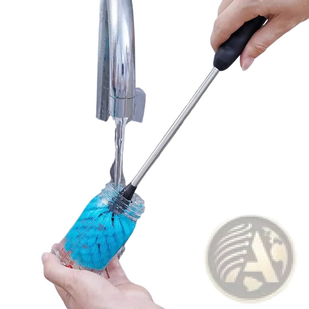 Long handled water bottle cleaning brush with blue bristle head clear plastic handle and black grip for easy use