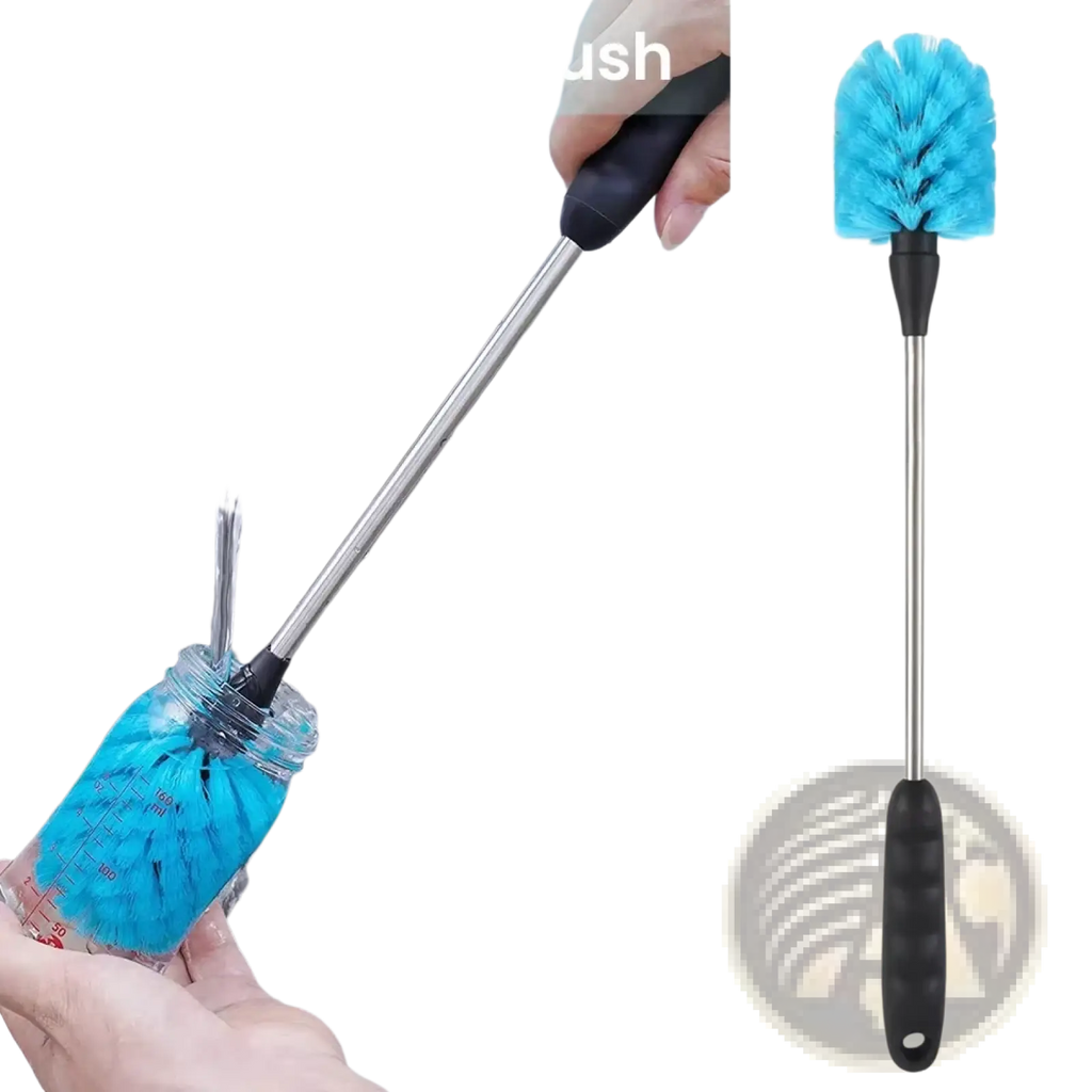 Long handled water bottle cleaning brush with blue bristle cup head, black handle, and stainless steel shaft