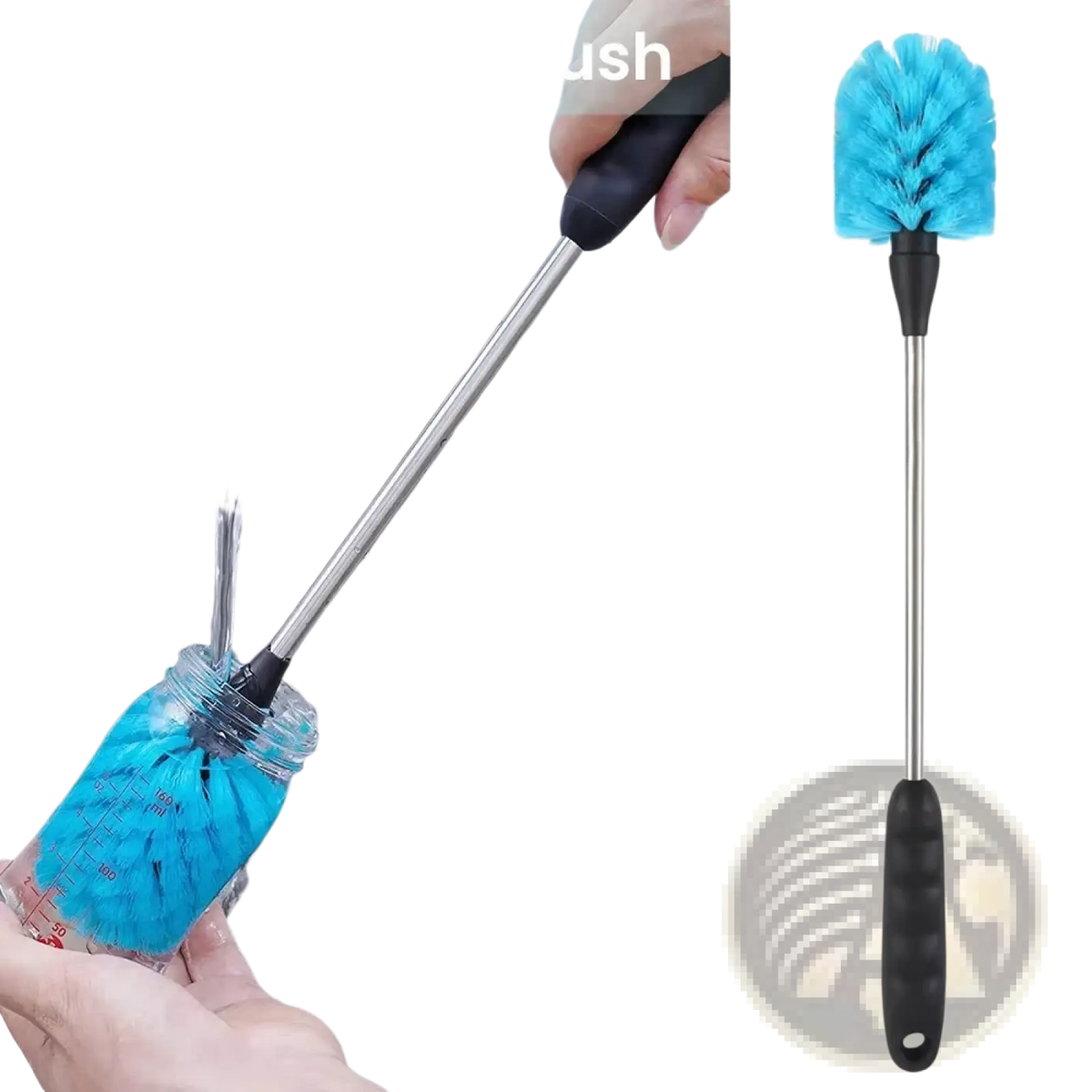 Long handled water bottle cleaning brush with blue bristle cup head, black handle, and stainless steel shaft