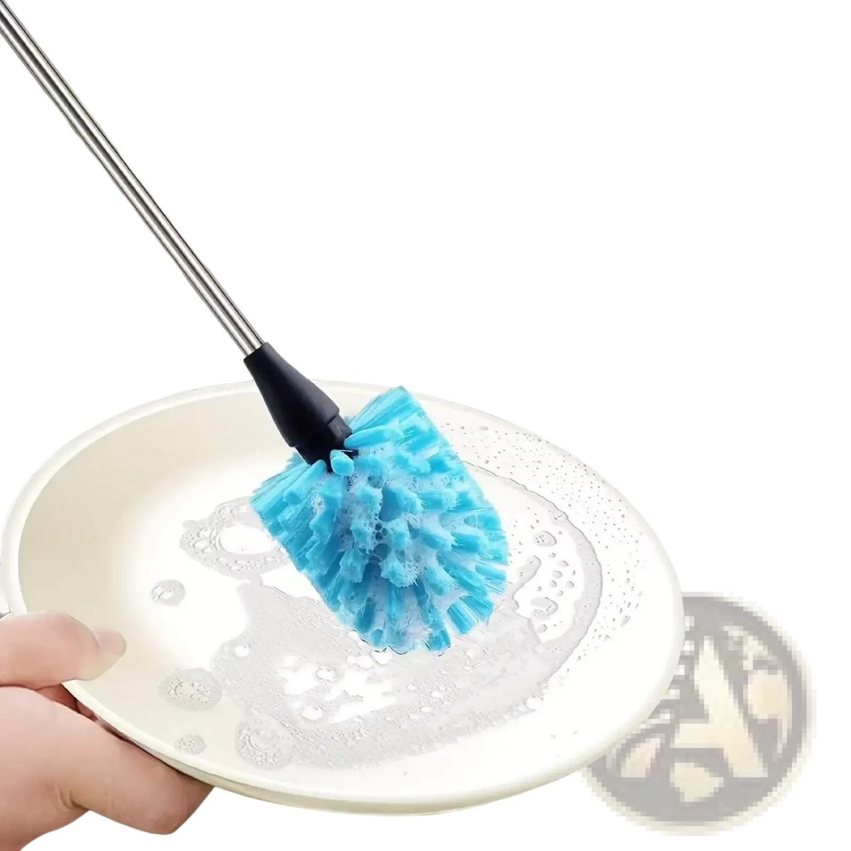 Long handled water bottle cleaning brush with blue microfiber head and stainless steel handle for thorough cleaning