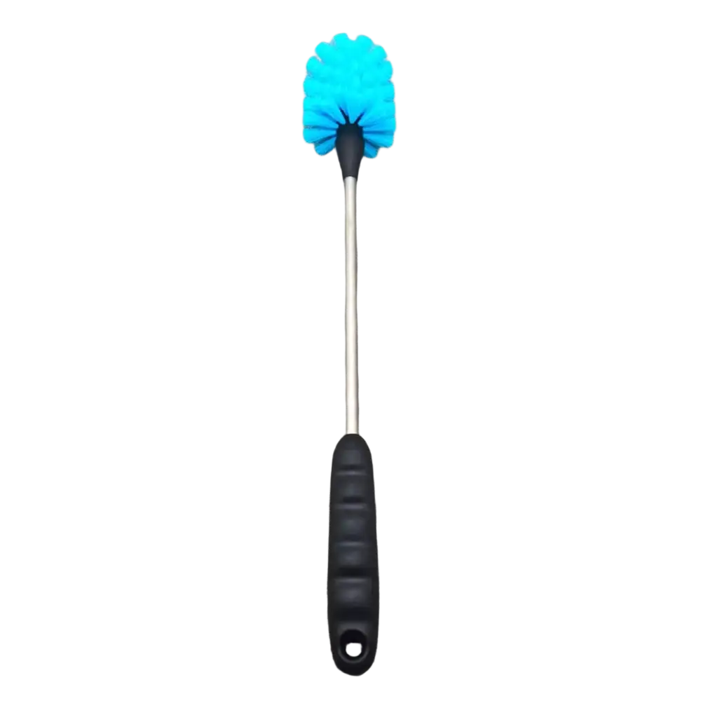 Long handled water bottle cleaning brush with bright blue soft bristles black ergonomic handle and metallic shaft