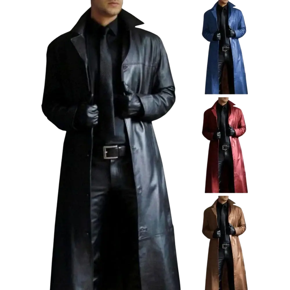 Black leather long trench coat with classic collar buttoned front and matching belt for men long leather jackets
